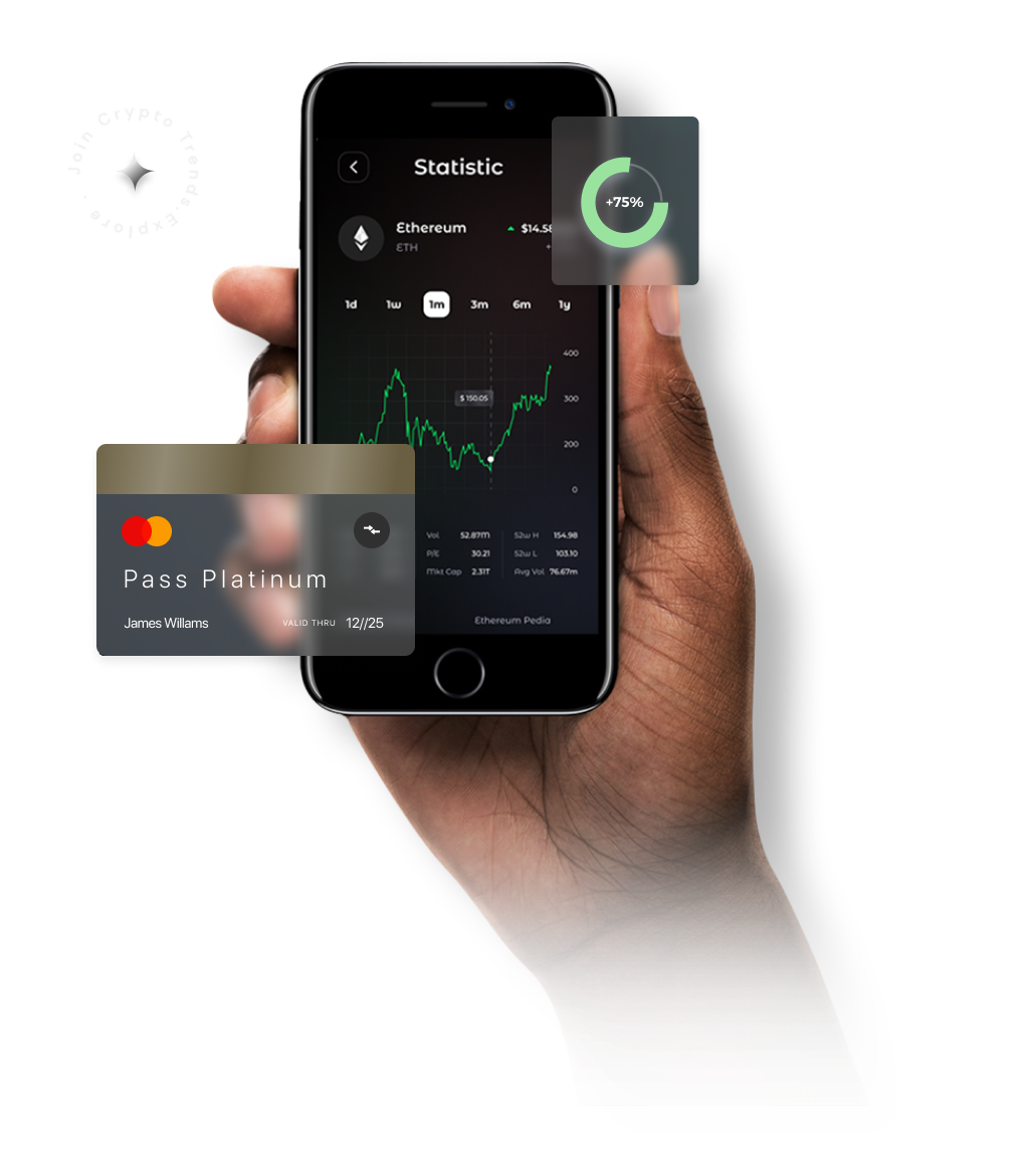 Mobile app showing Ethereum statistics with credit card and growth indicator